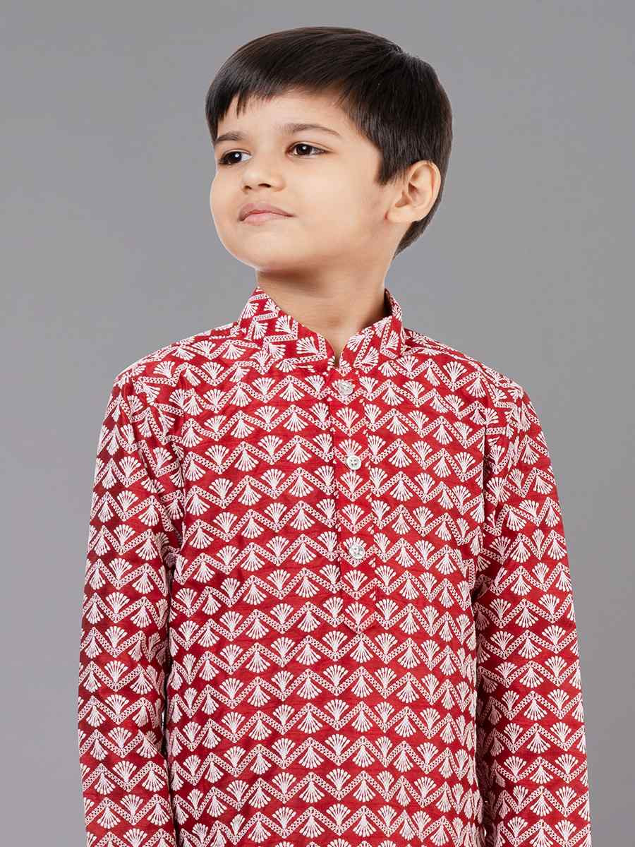Red Cotton Silk Embroidered Festival Traditional Kurta Pyjama Boys Wear