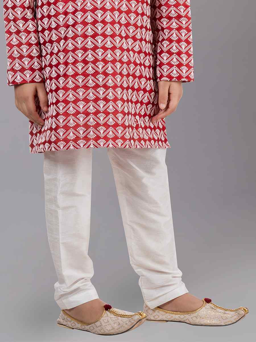 Red Cotton Silk Embroidered Festival Traditional Kurta Pyjama Boys Wear