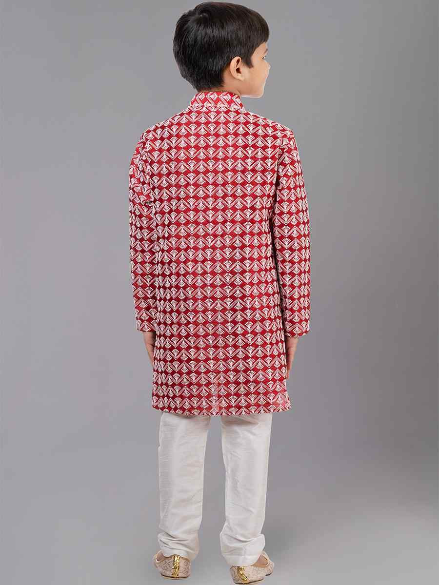 Red Cotton Silk Embroidered Festival Traditional Kurta Pyjama Boys Wear