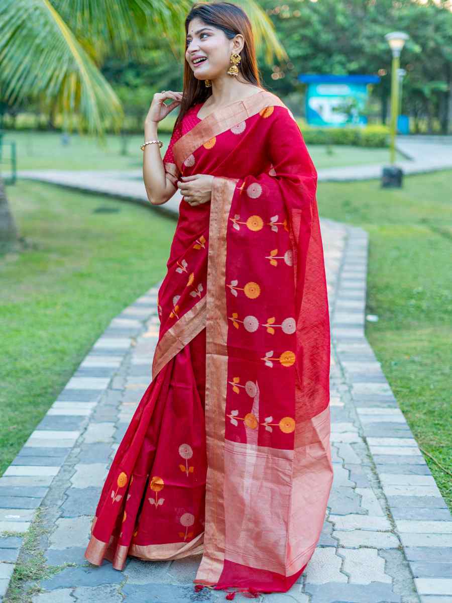 Red Cotton Silk Handwoven Casual Festival Classic Style Saree