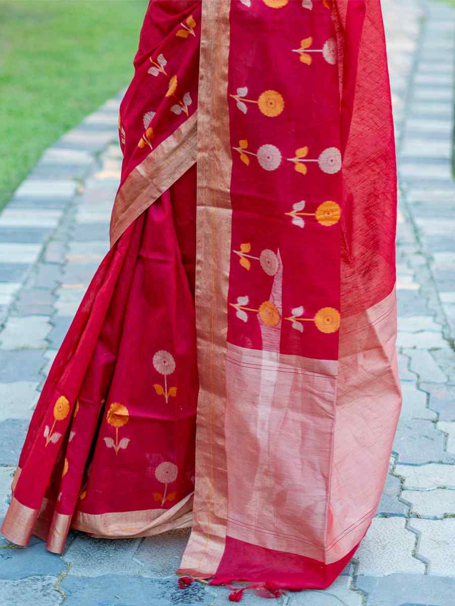 Red Cotton Silk Handwoven Casual Festival Classic Style Saree