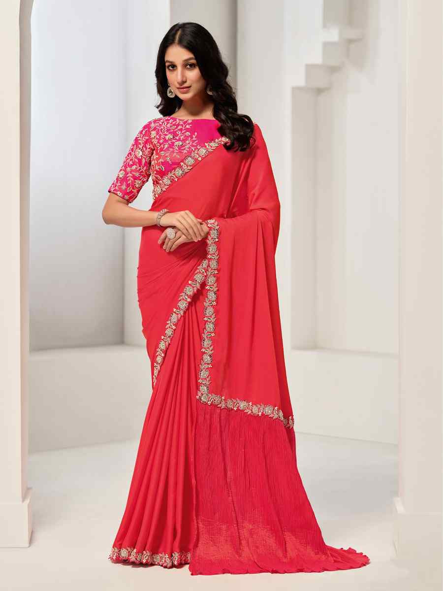 Red Crepe 2 tone silk Embroidered Festival Wedding Fancy Heavy Border Saree