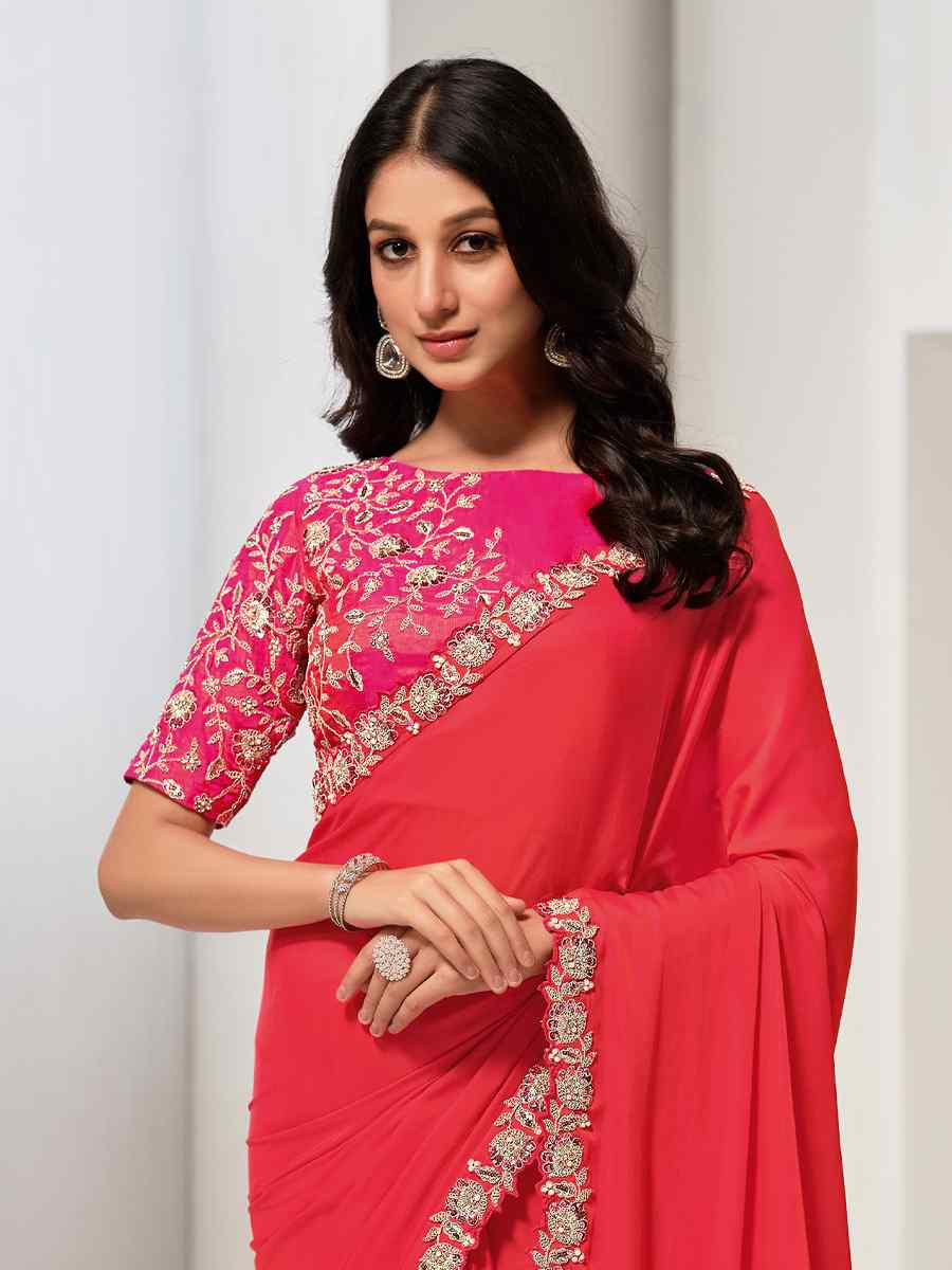 Red Crepe 2 tone silk Embroidered Festival Wedding Fancy Heavy Border Saree