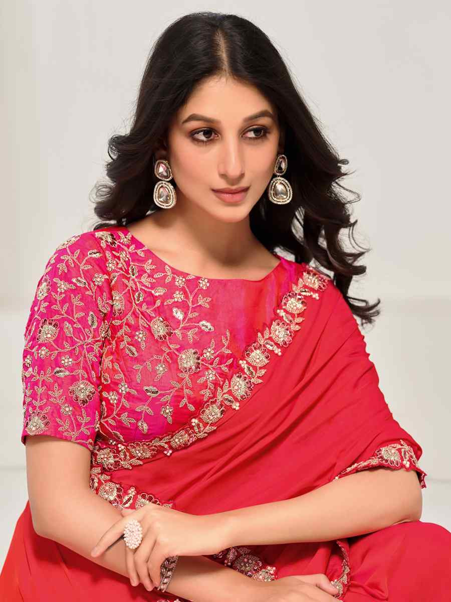 Red Crepe 2 tone silk Embroidered Festival Wedding Fancy Heavy Border Saree