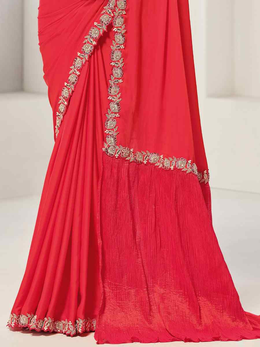 Red Crepe 2 tone silk Embroidered Festival Wedding Fancy Heavy Border Saree