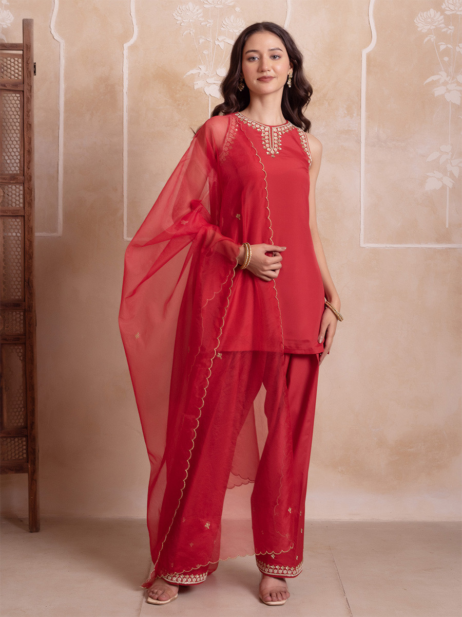 Red Crepe Embroidery Wedding Party Festival Casual Ready Palazzo Pant Salwar Kameez