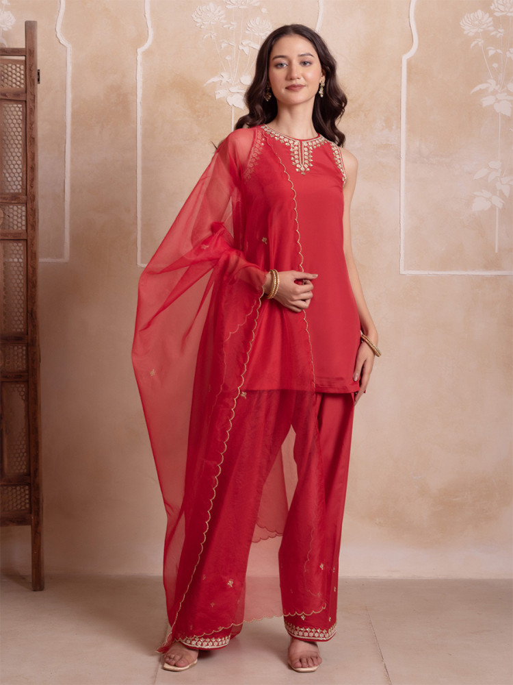 Image of Red Crepe Embroidery Wedding Party Festival Casual Ready Palazzo Pant Salwar Kameez
