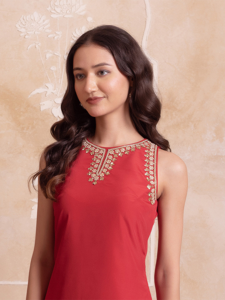 Red Crepe Embroidery Wedding Party Festival Casual Ready Palazzo Pant Salwar Kameez