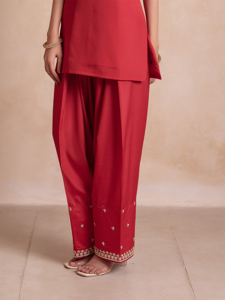 Red Crepe Embroidery Wedding Party Festival Casual Ready Palazzo Pant Salwar Kameez