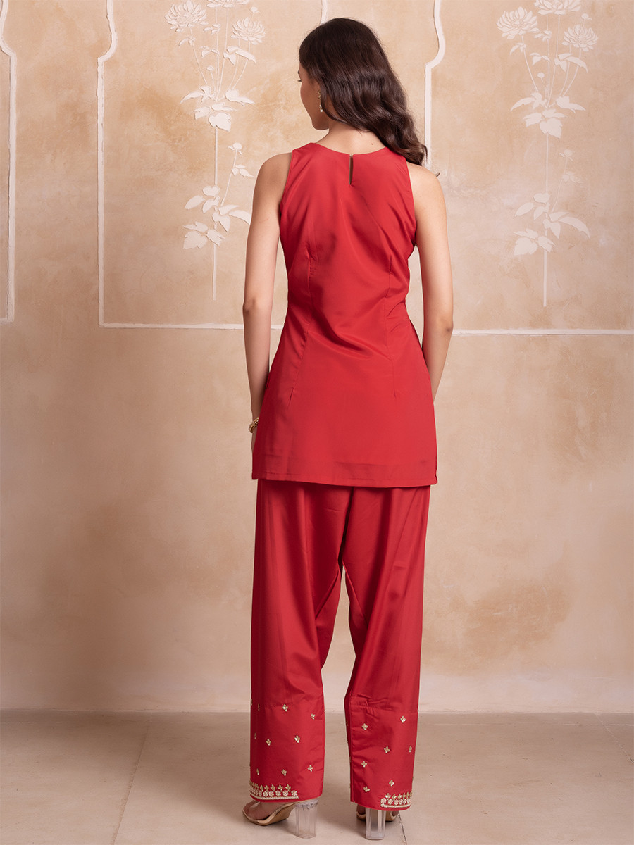 Red Crepe Embroidery Wedding Party Festival Casual Ready Palazzo Pant Salwar Kameez