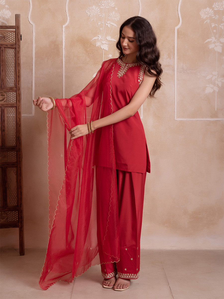 Red Crepe Embroidery Wedding Party Festival Casual Ready Palazzo Pant Salwar Kameez