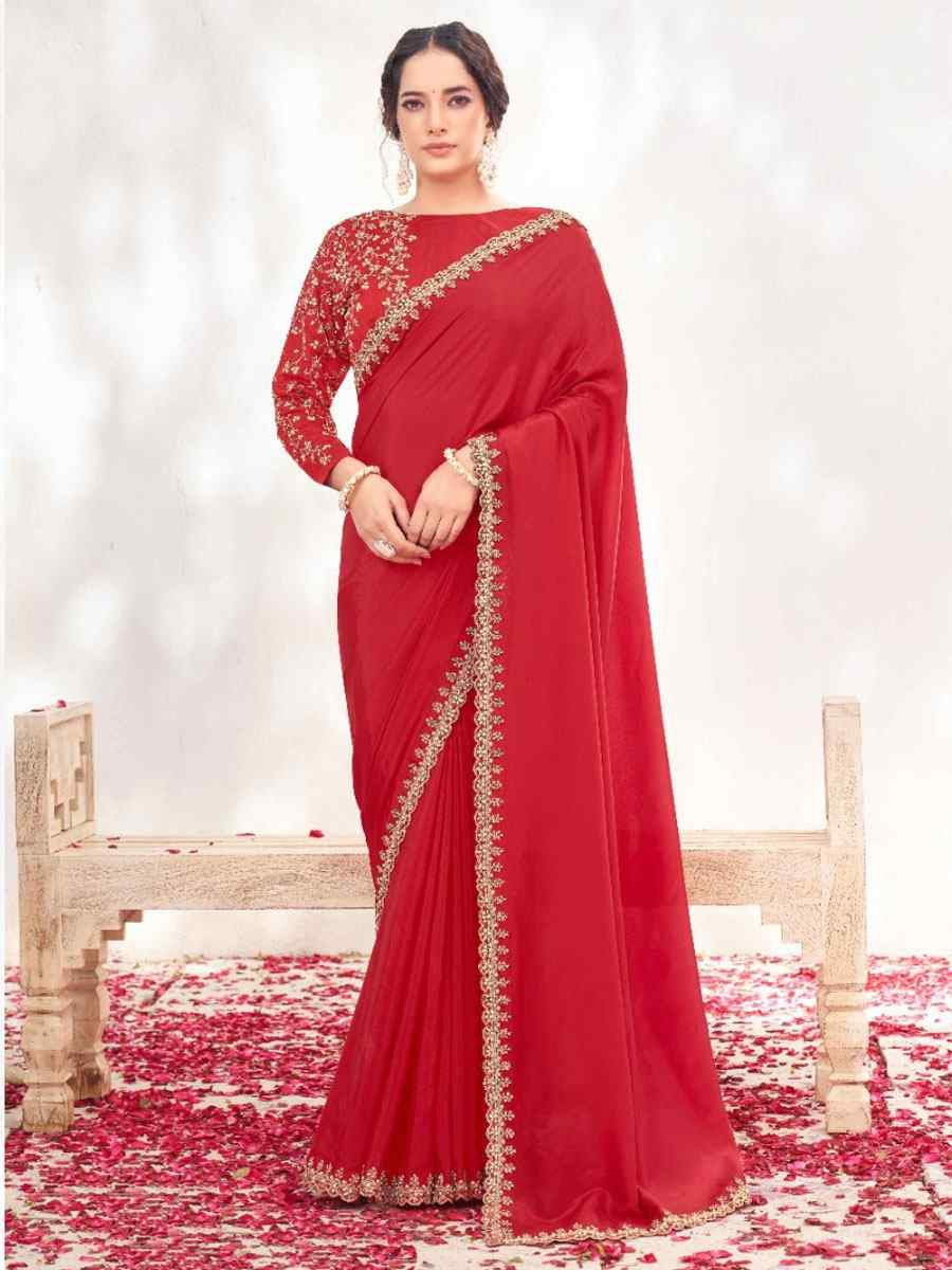 Red Crepe Satin Silk Embroidery Festival Wedding Fancy Classic Heavy Border Saree