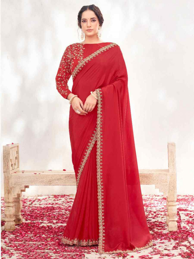 Image of Red Crepe Satin Silk Embroidery Festival Wedding Fancy Classic Heavy Border Saree