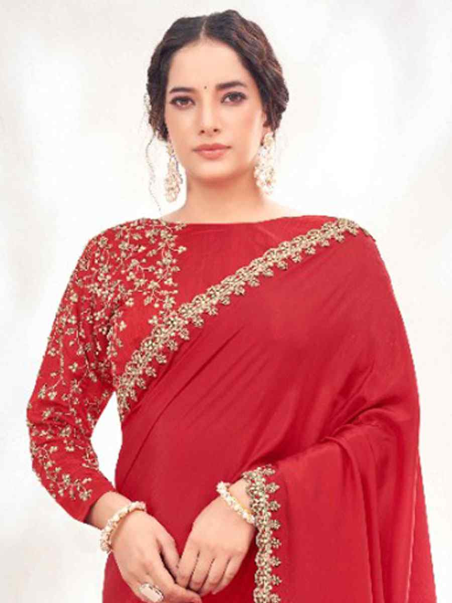 Red Crepe Satin Silk Embroidery Festival Wedding Fancy Classic Heavy Border Saree