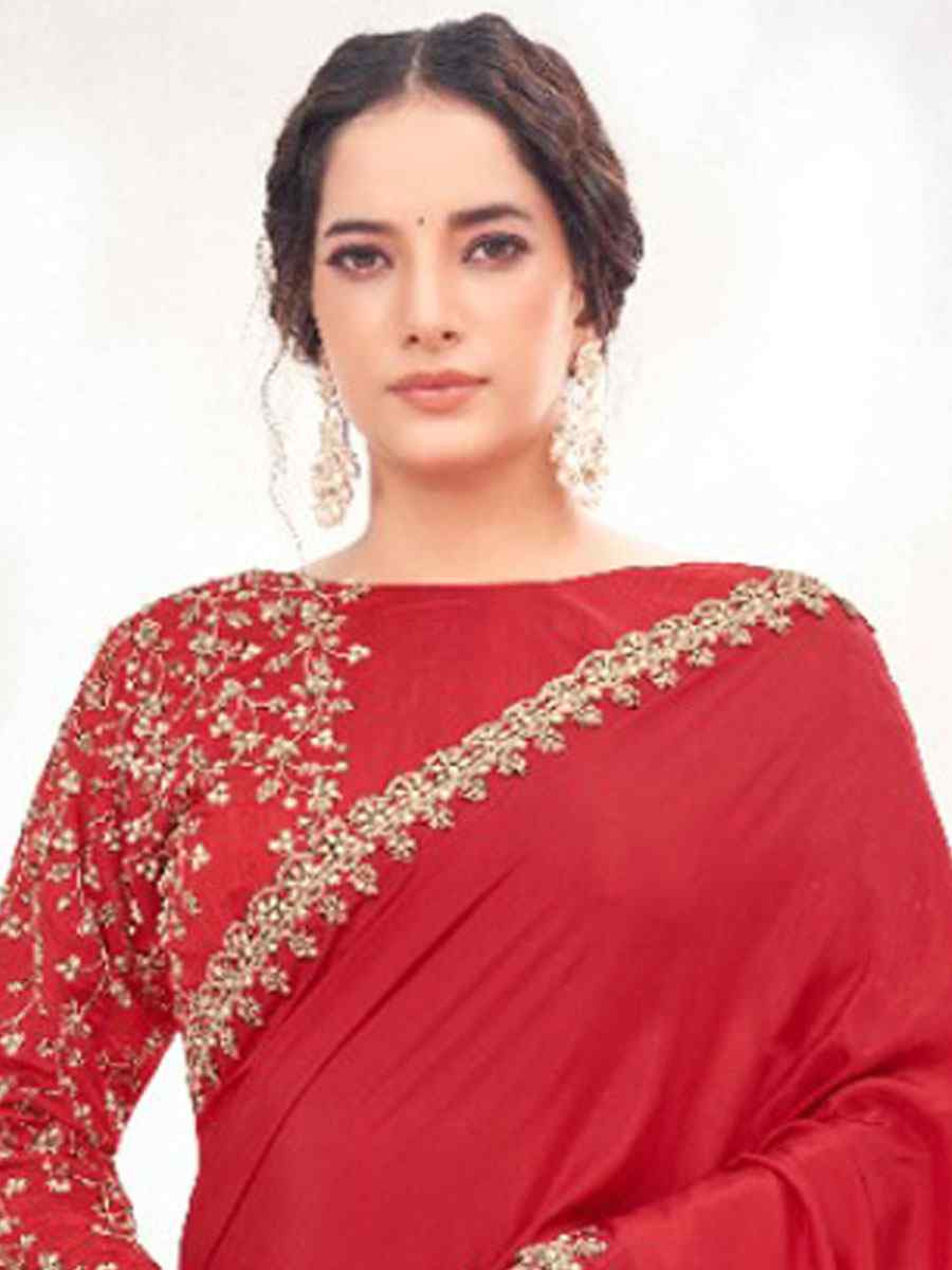 Red Crepe Satin Silk Embroidery Festival Wedding Fancy Classic Heavy Border Saree