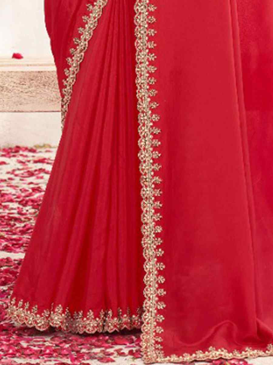Red Crepe Satin Silk Embroidery Festival Wedding Fancy Classic Heavy Border Saree