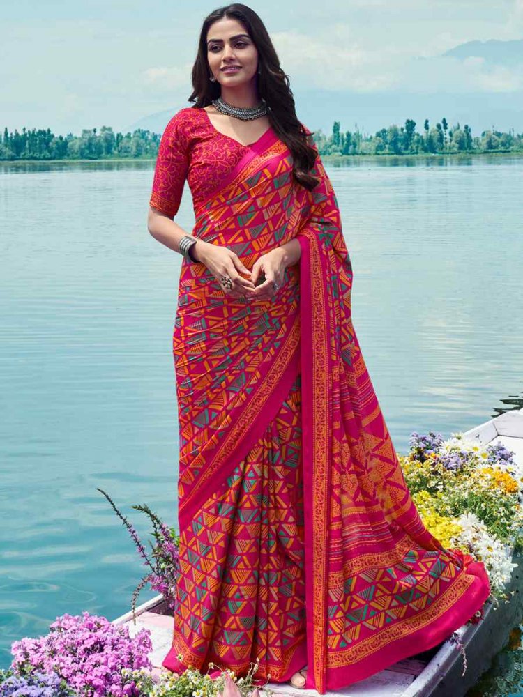 Red Crepe Silk Printed Casual Festival Contemporary Saree