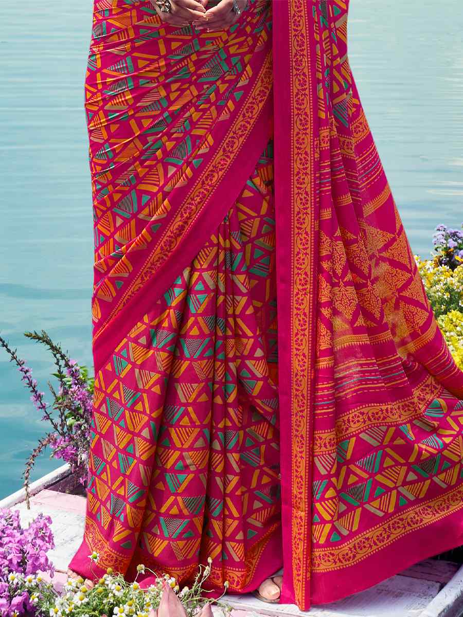Red Crepe Silk Printed Casual Festival Contemporary Saree