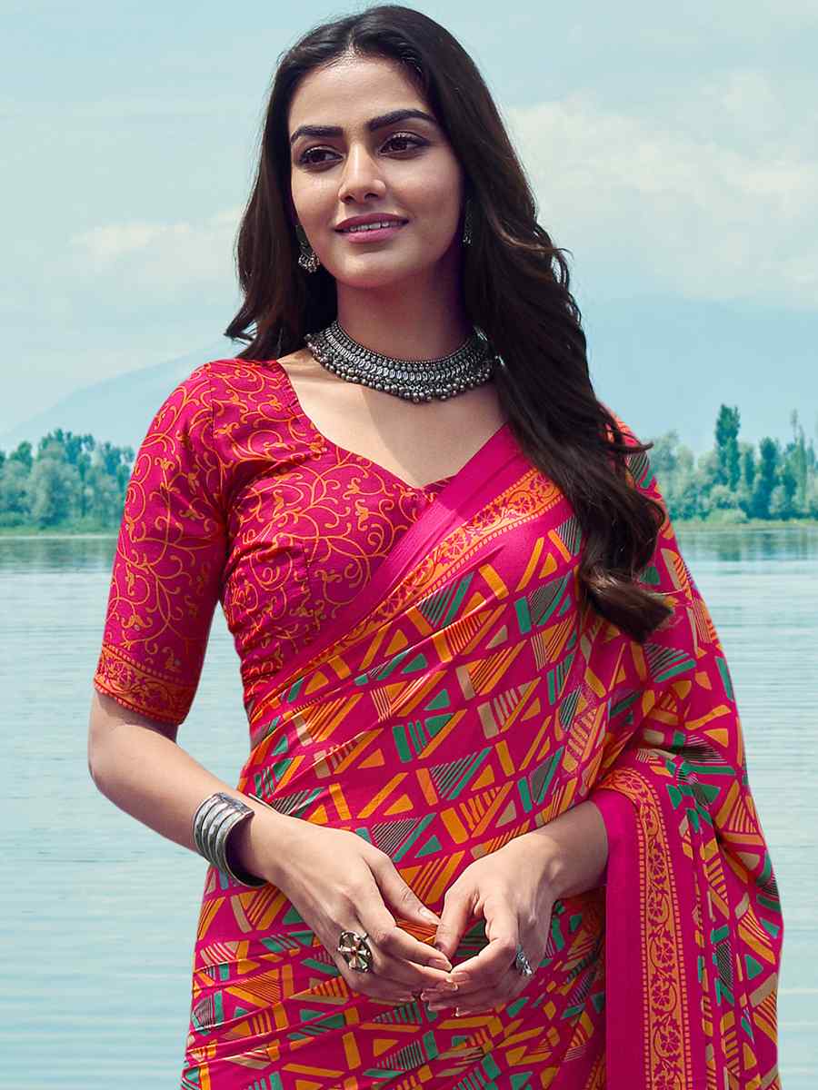 Red Crepe Silk Printed Casual Festival Contemporary Saree