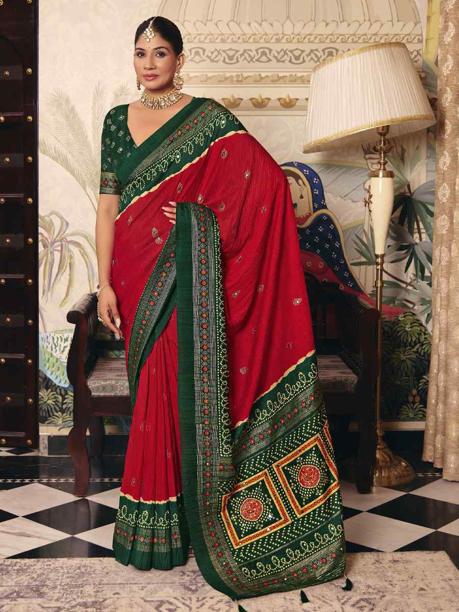 Red Crush Silk Prined Bridal Reception Festival Wedding Fancy Heavy Border Saree
