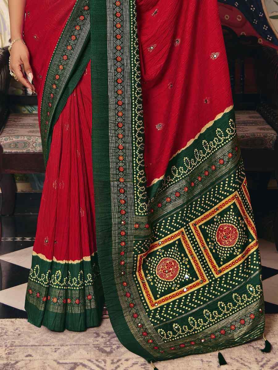 Red Crush Silk Prined Bridal Reception Festival Wedding Fancy Heavy Border Saree