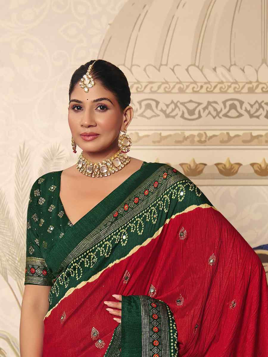 Red Crush Silk Prined Bridal Reception Festival Wedding Fancy Heavy Border Saree