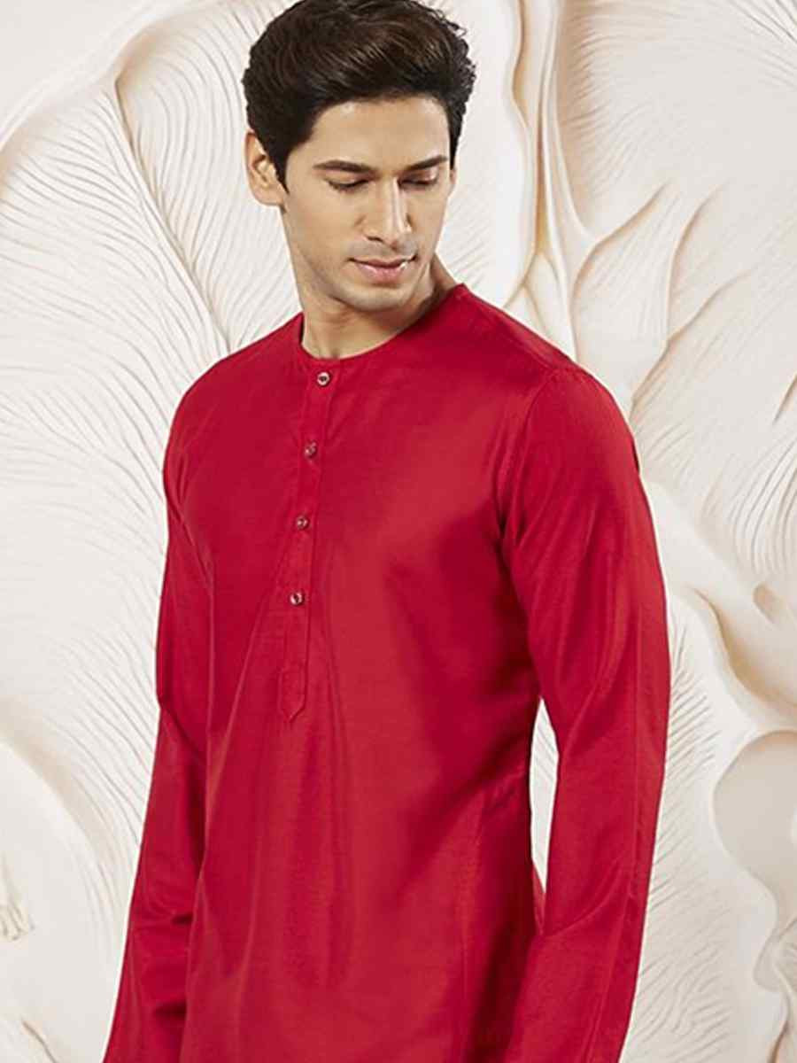 Red Dhupion Art Silk Plain Party Wedding Kurta