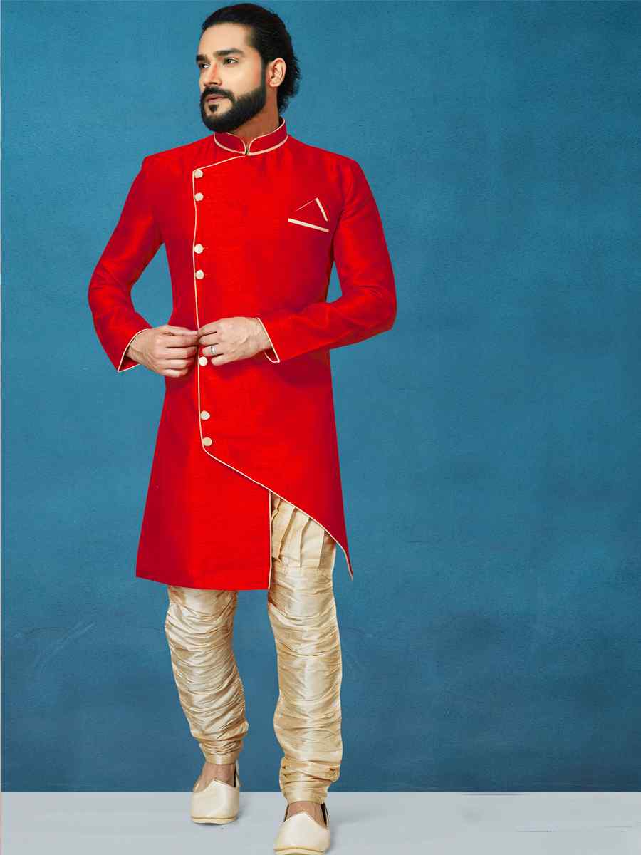 Red Dhupion Art Silk Woven Festival Wedding Sherwani