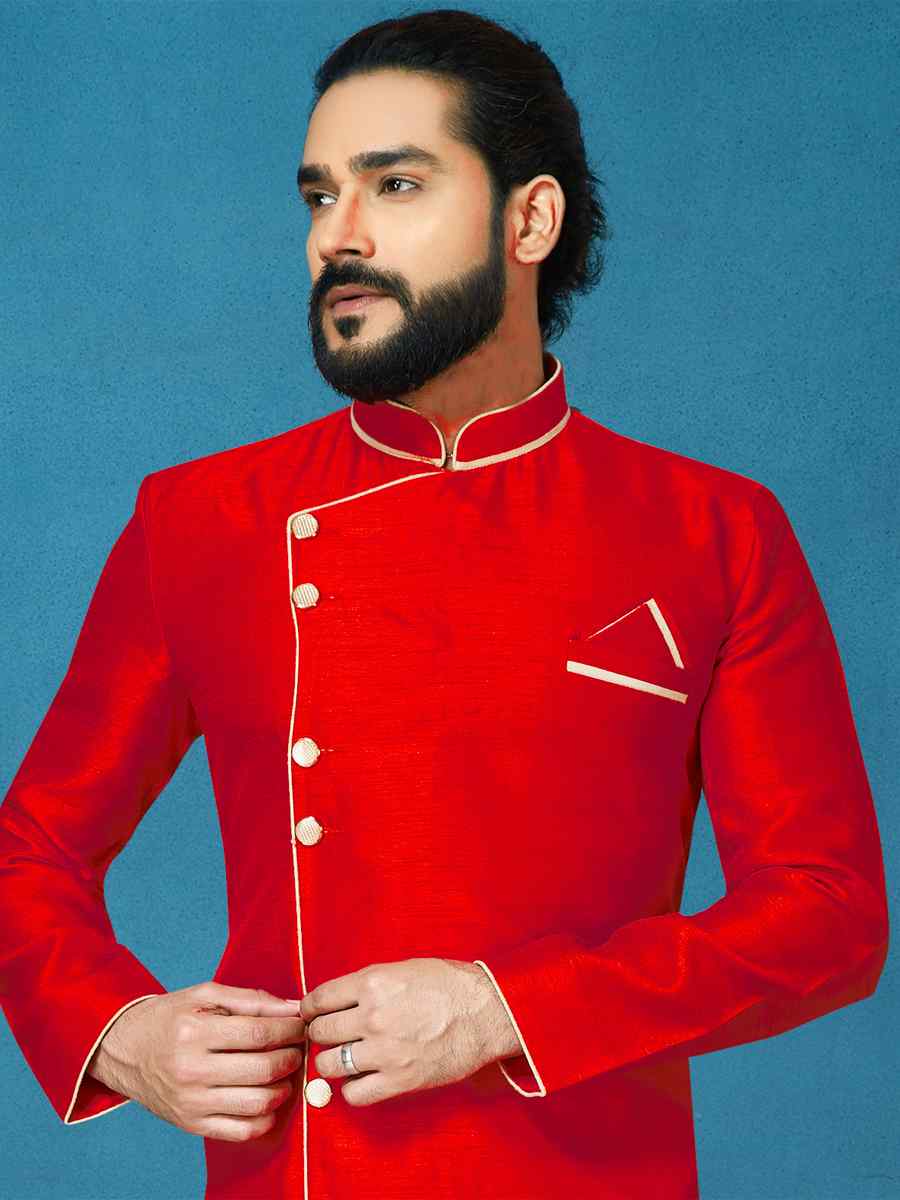 Red Dhupion Art Silk Woven Festival Wedding Sherwani