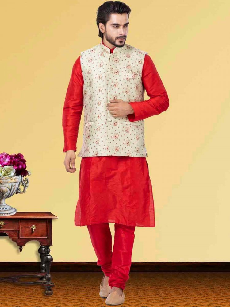 Red Dhupion Raw Silk Woven Festival Wedding Kurta Waistcoat