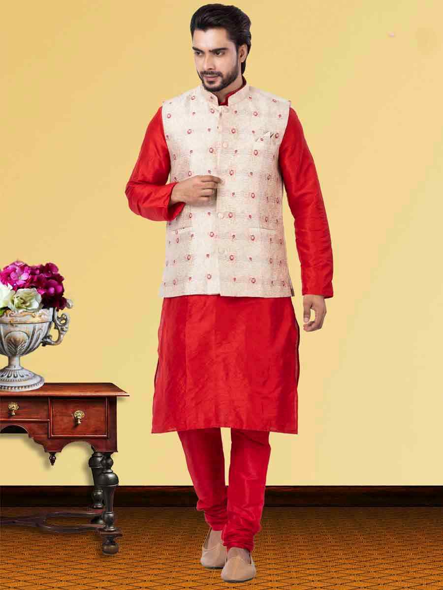 Red Dhupion Raw Silk Woven Festival Wedding Kurta Waistcoat