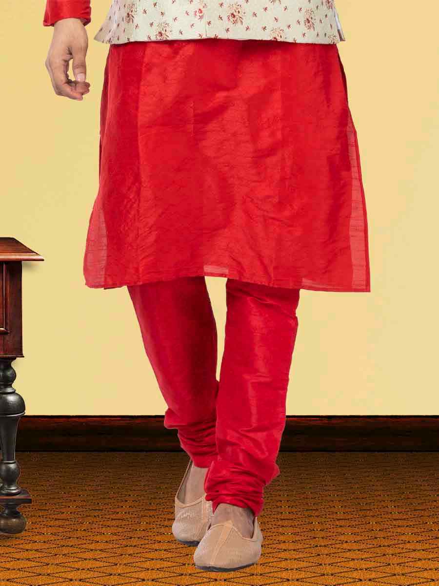 Red Dhupion Raw Silk Woven Festival Wedding Kurta Waistcoat