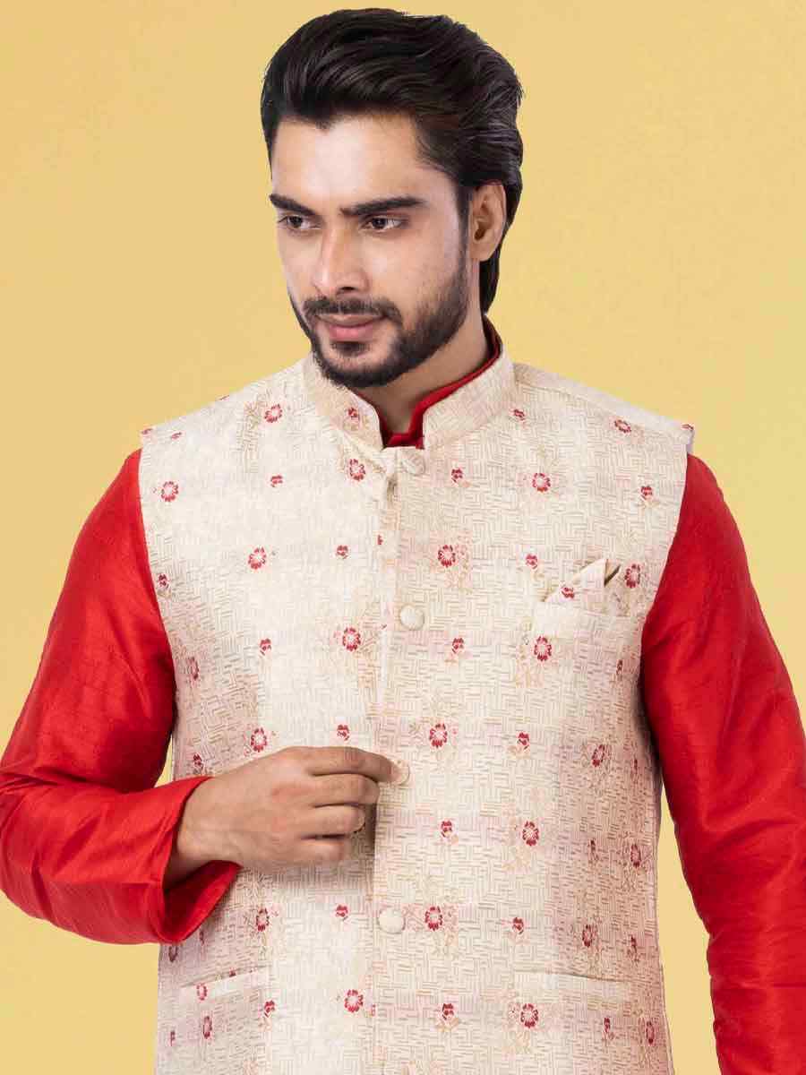 Red Dhupion Raw Silk Woven Festival Wedding Kurta Waistcoat