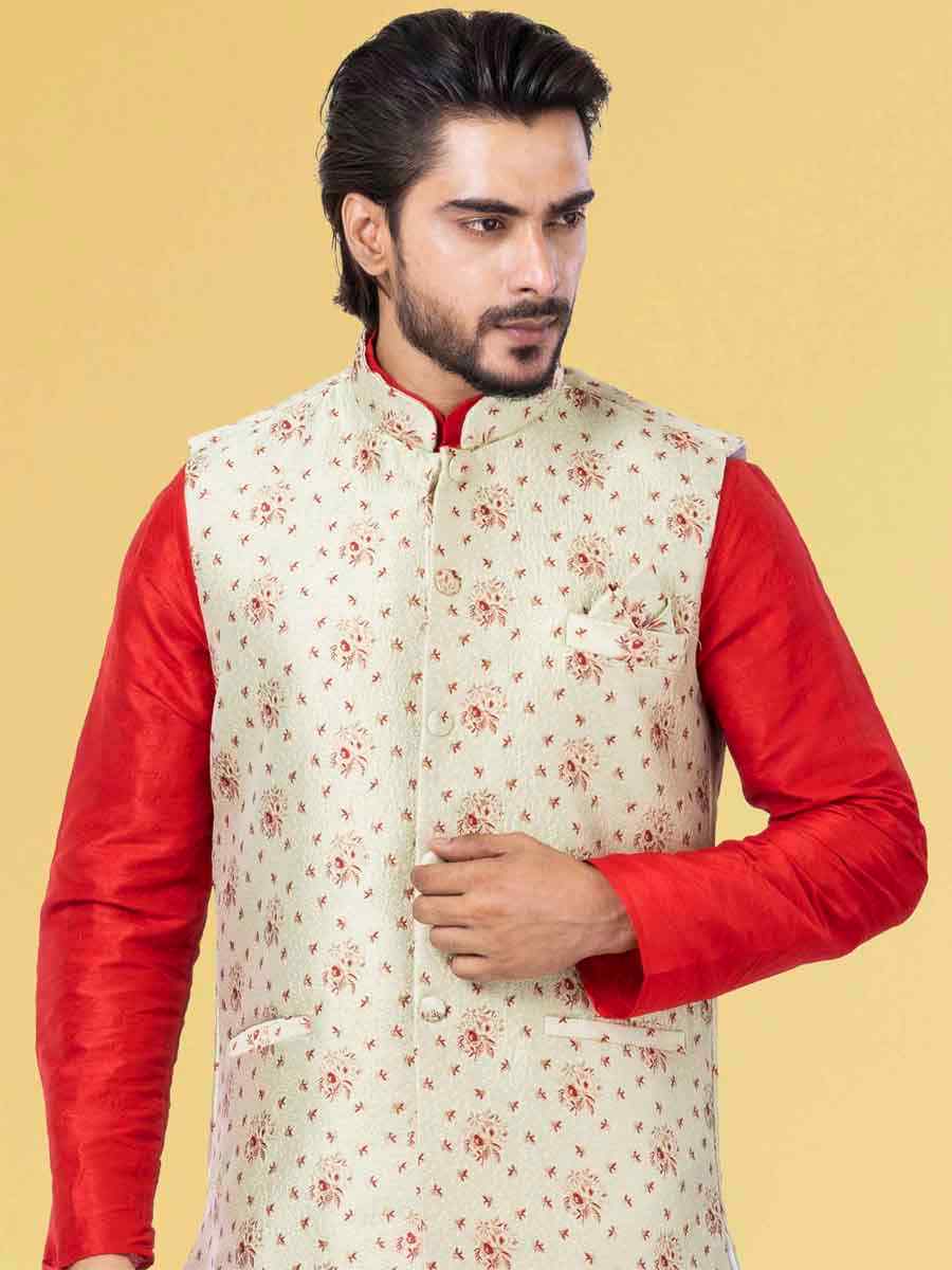 Red Dhupion Raw Silk Woven Festival Wedding Kurta Waistcoat