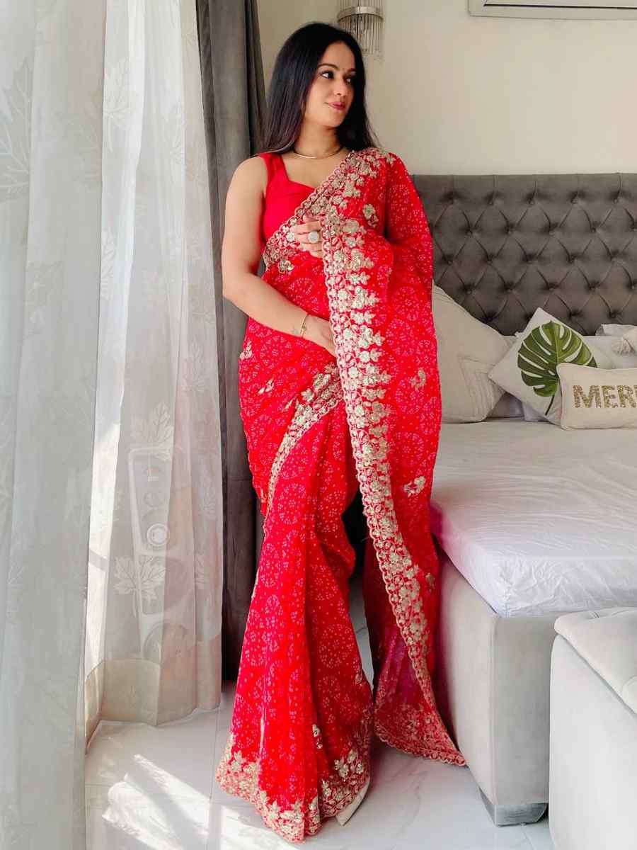 Red Digital Georgette Embroidered Festival Wedding Fancy Heavy Border Saree