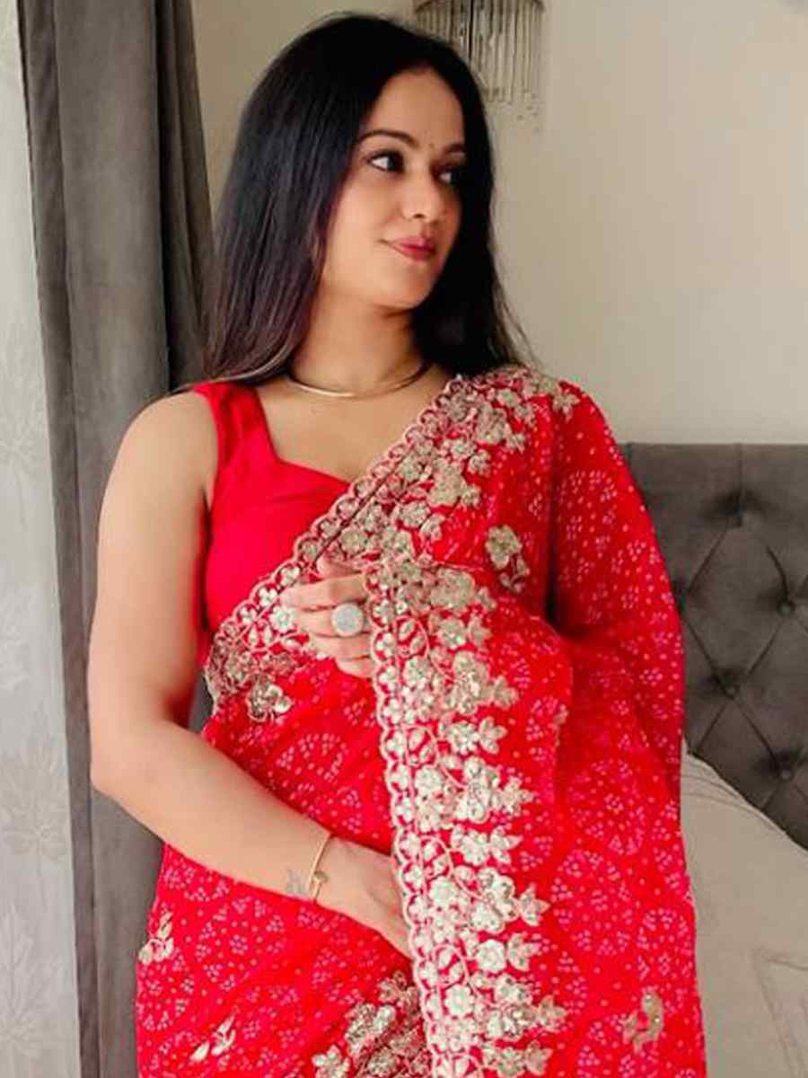 Red Digital Georgette Embroidered Festival Wedding Fancy Heavy Border Saree