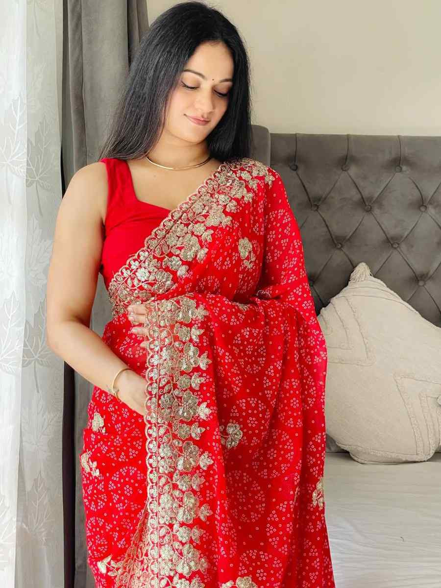 Red Digital Georgette Embroidered Festival Wedding Fancy Heavy Border Saree