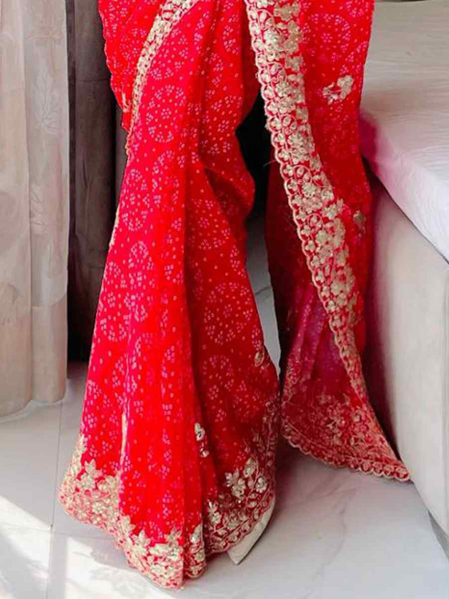 Red Digital Georgette Embroidered Festival Wedding Fancy Heavy Border Saree