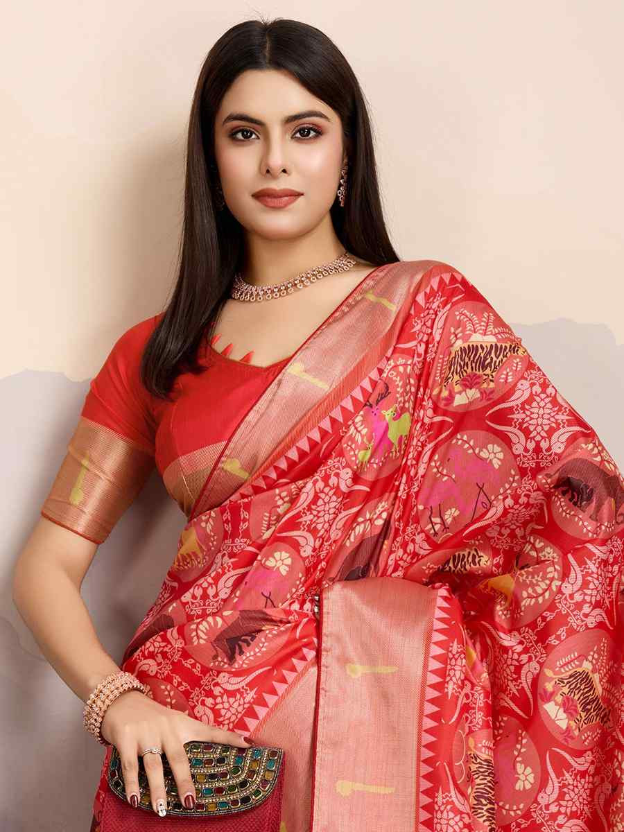 Red Dola Satin Silk Handwoven Festival Wedding Fancy Heavy Border Saree
