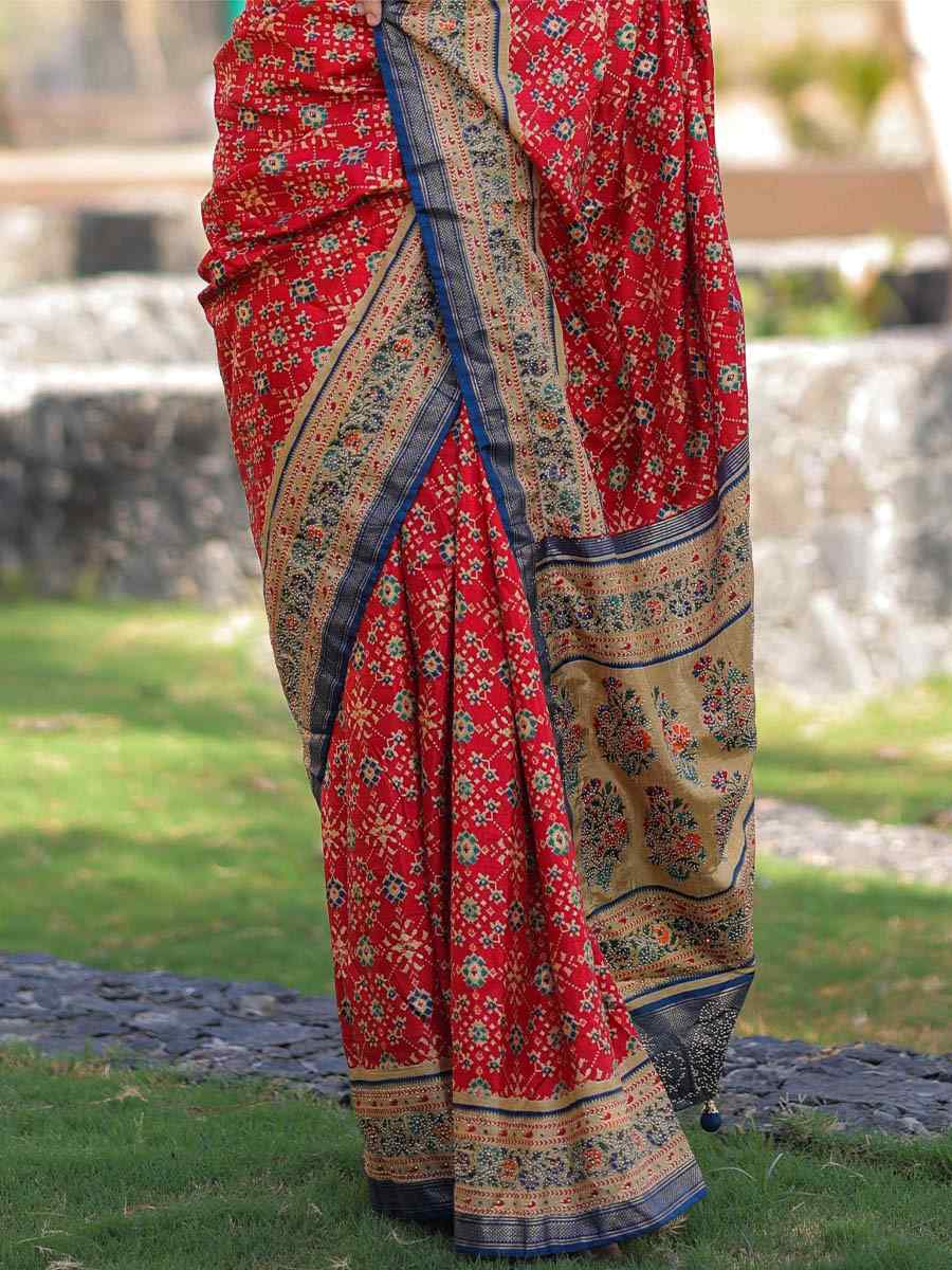 Red Dola Silk Printed Casual Festival Classic Style Saree