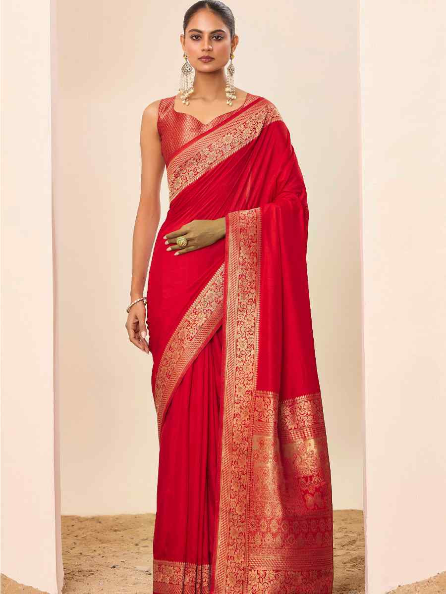 Red Dolla Silk Handwoven Festival Wedding Fancy Heavy Border Saree