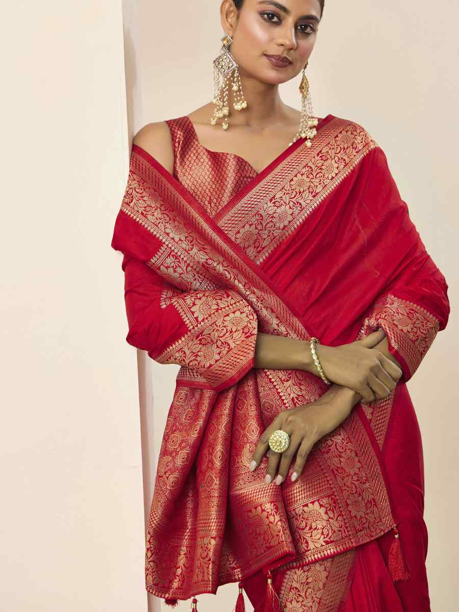Red Dolla Silk Handwoven Festival Wedding Fancy Heavy Border Saree