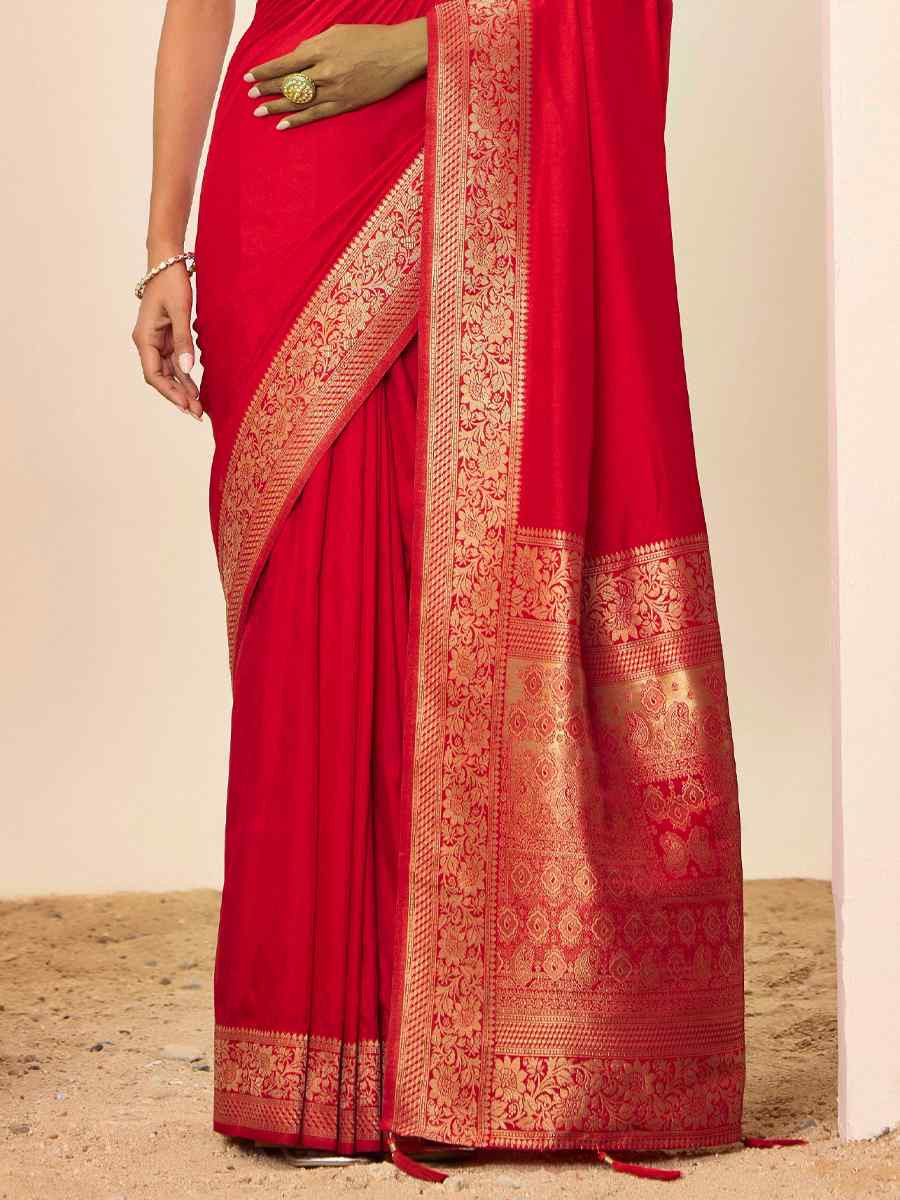 Red Dolla Silk Handwoven Festival Wedding Fancy Heavy Border Saree