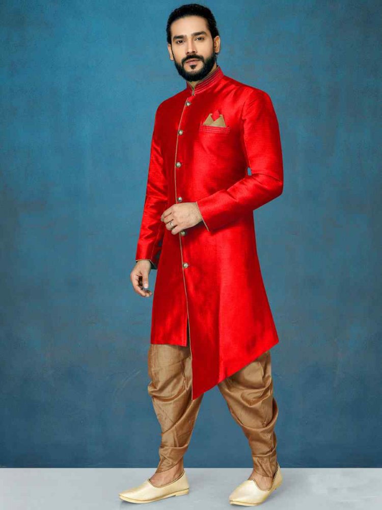 Red Dupion Art Silk Cutwork Wedding Party Sherwani