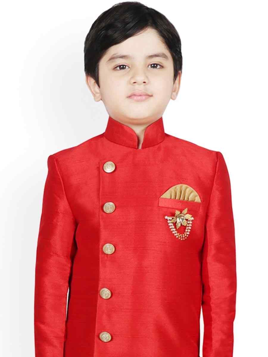 Red Dupion Silk Brocade Festival Traditional Kurta Dhoti Boys Wear