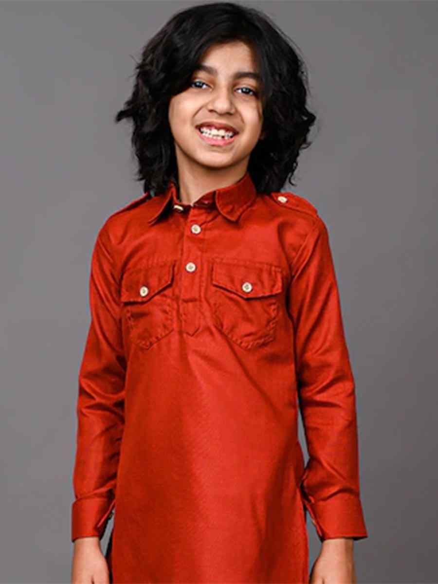 Red Dupion Silk Brocade Festival Traditional Kurta Dhoti Boys Wear