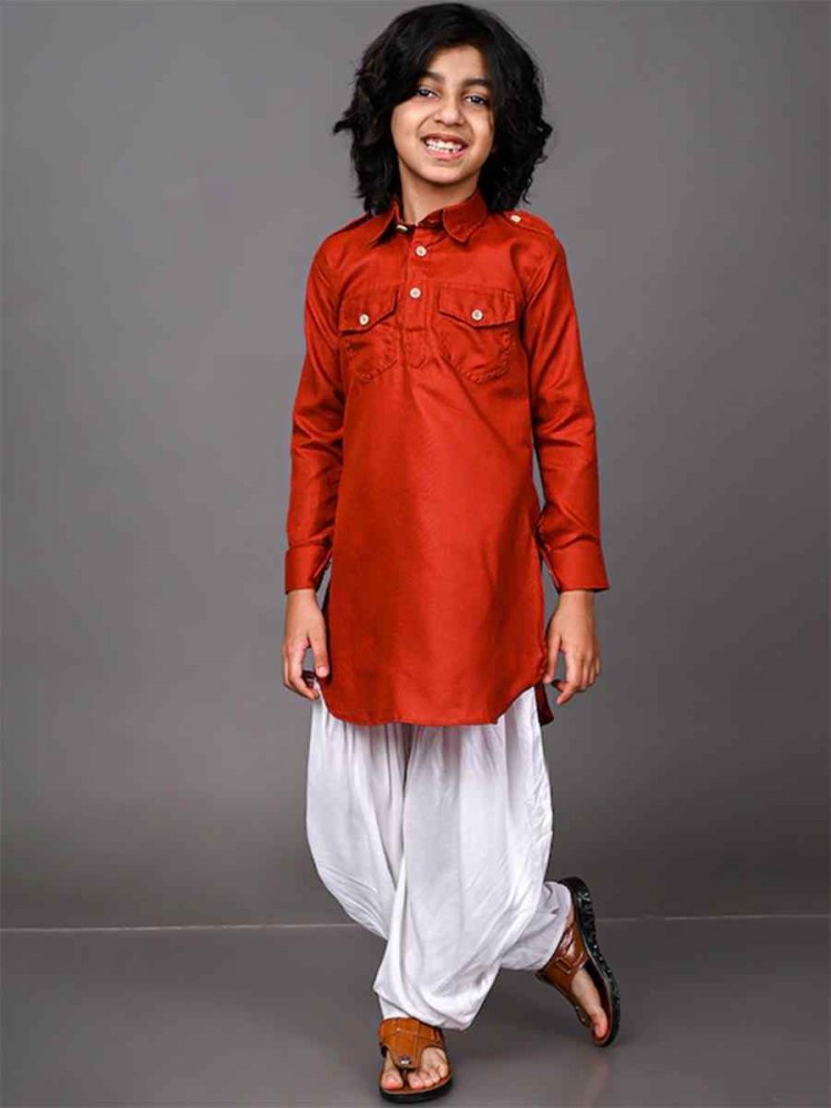 Red Dupion Silk Brocade Festival Traditional Kurta Dhoti Boys Wear