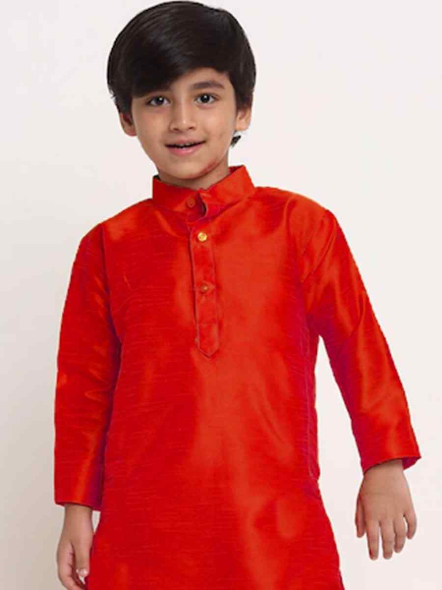 Red Dupion Silk Brocade Festival Traditional Kurta Pyjama Boys Wear