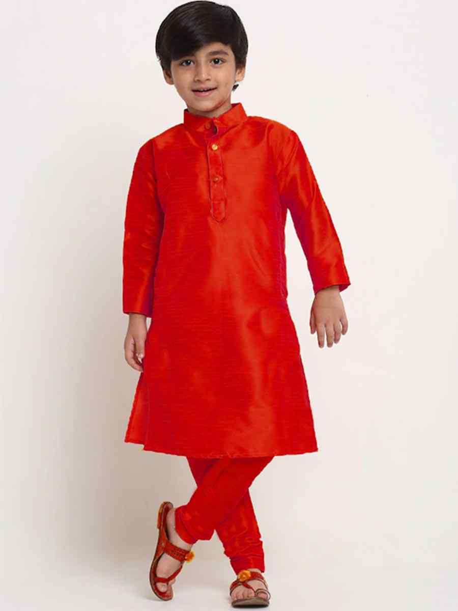 Red Dupion Silk Brocade Festival Traditional Kurta Pyjama Boys Wear