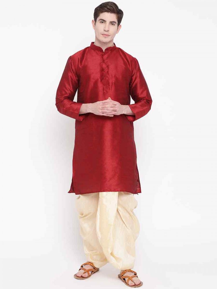 Red Dupion Silk Woven Festival Wedding Kurta